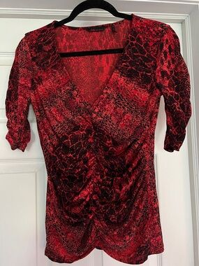 Red stretchy Ruched V-Neck Women's Top